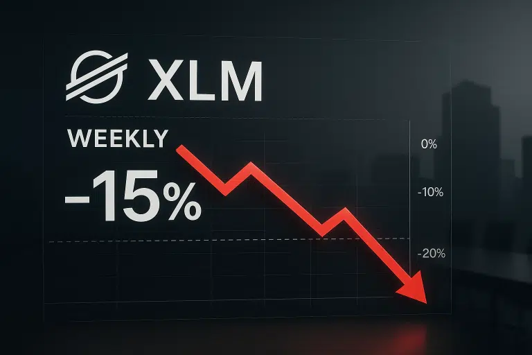 Stellar (XLM) logo with “Weekly -15%” text and a red arrow plunging downward from 0% toward -20% on a dark grid background.