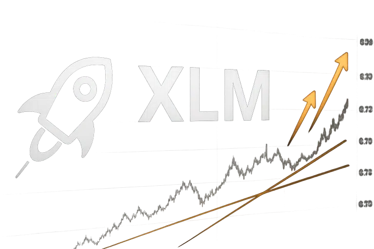 Stellar Lumens (XLM) rocket icon beside the letters XLM overlaying a rising price chart with trend lines marking $0.23 support and golden arrows pointing upward.
