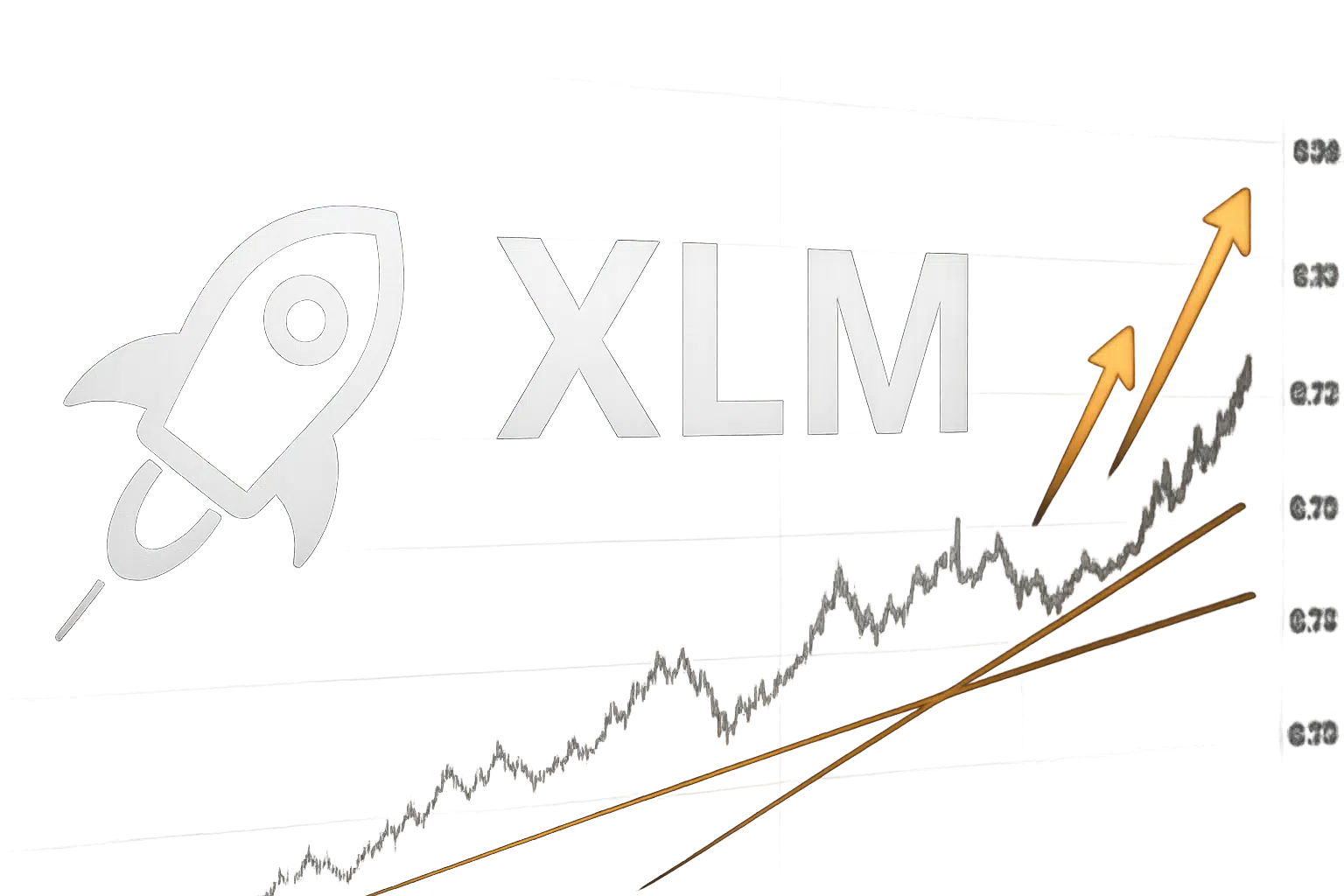 Stellar Lumens (XLM) rocket icon beside the letters XLM overlaying a rising price chart with trend lines marking $0.23 support and golden arrows pointing upward.