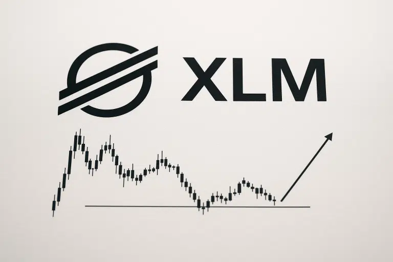 Stellar XLM logo above a candlestick price chart testing a flat support line, with an arrow pointing upward suggesting potential recovery.