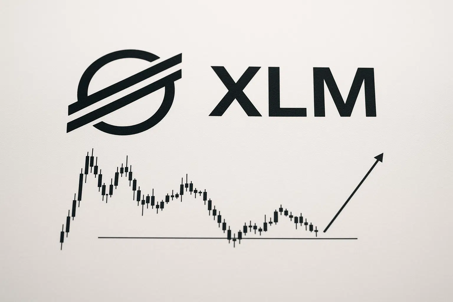 Stellar XLM logo above a candlestick price chart testing a flat support line, with an arrow pointing upward suggesting potential recovery.