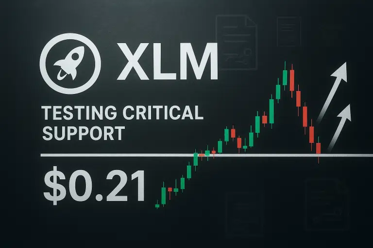 Dark background featuring the Stellar rocket logo and “XLM” text, “Testing Critical Support” label and “$0.21” price, alongside a green and red candlestick chart dipping to a horizontal support line with upward-pointing arrows signaling a potential rebound.