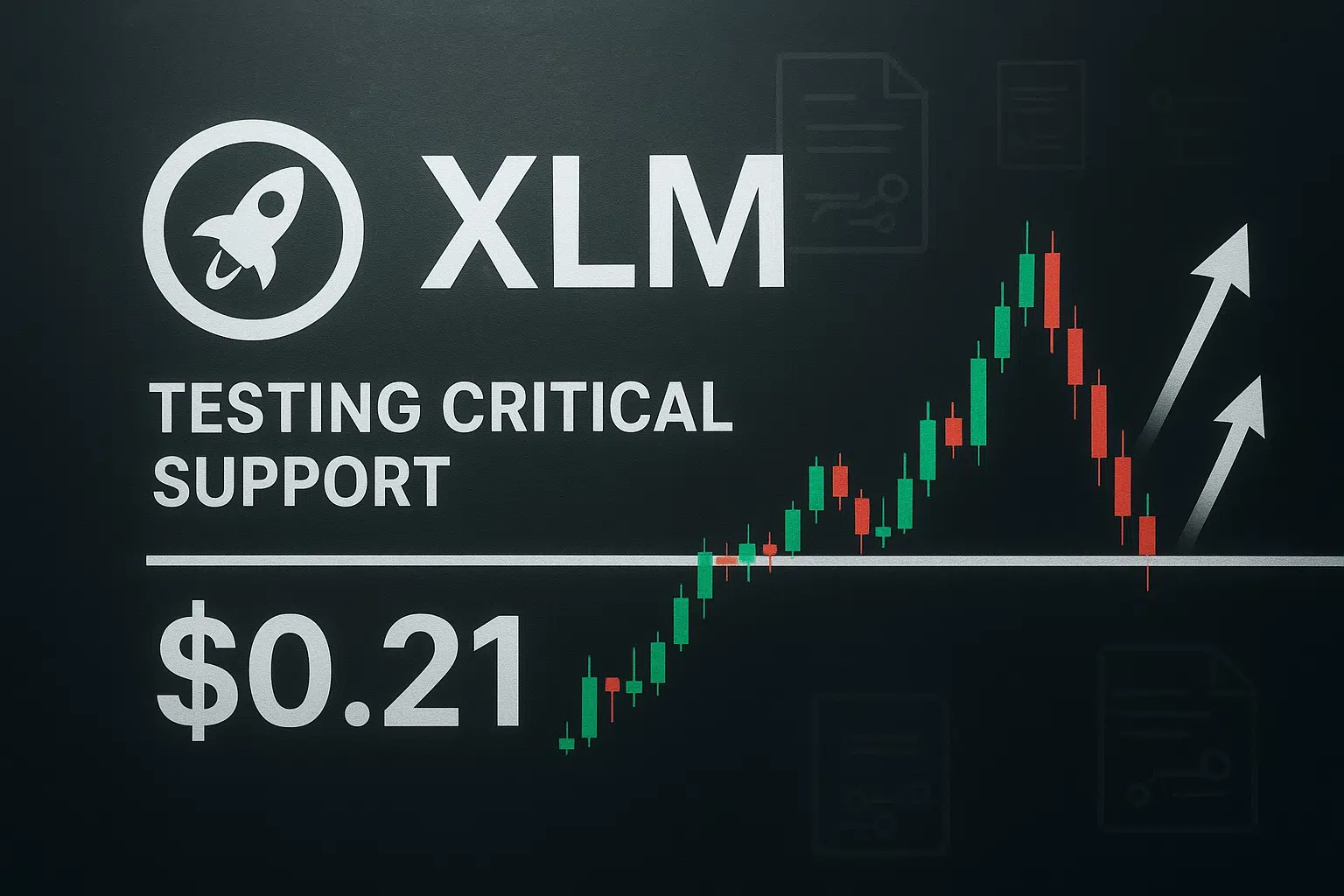Dark background featuring the Stellar rocket logo and “XLM” text, “Testing Critical Support” label and “$0.21” price, alongside a green and red candlestick chart dipping to a horizontal support line with upward-pointing arrows signaling a potential rebound.