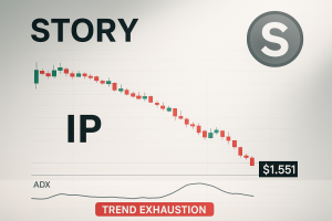 Chart titled “STORY IP” with red and green candlesticks steadily declining to a $1.551 monthly low, an ADX line indicator below and a red “TREND EXHAUSTION” banner.
