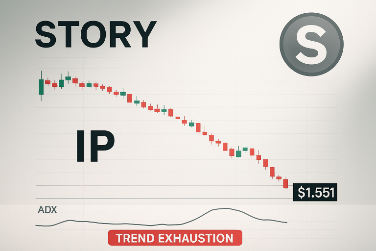 Chart titled “STORY IP” with red and green candlesticks steadily declining to a $1.551 monthly low, an ADX line indicator below and a red “TREND EXHAUSTION” banner.