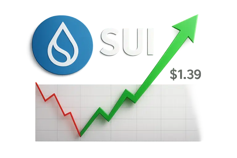 Sui cryptocurrency logo and name above a chart showing a red decline shifting into a green upward arrow, indicating a price of $1.39