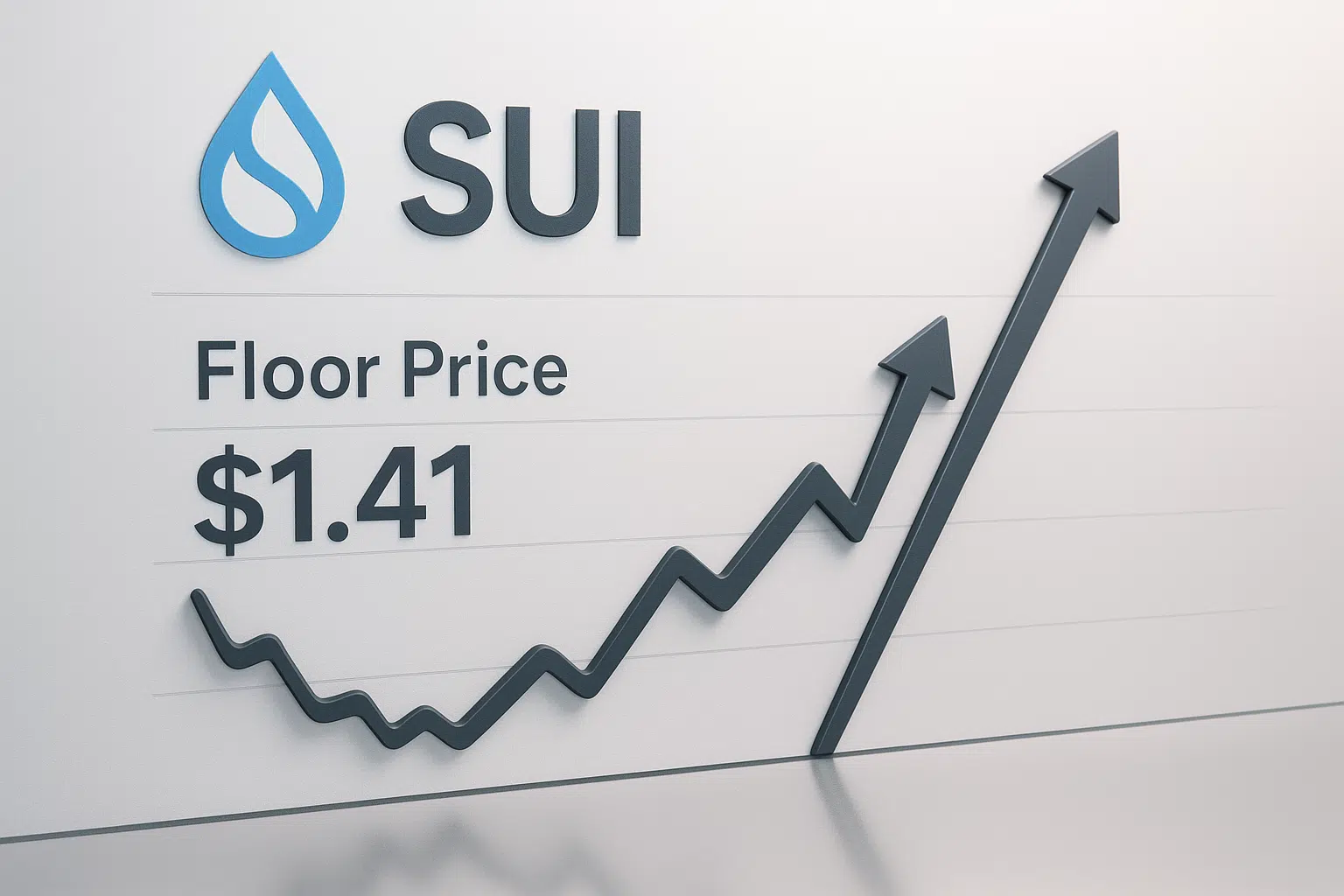 Sui logo and the text “Floor Price $1.41” alongside a price chart that dips and then rises sharply with upward‐pointing arrows.
