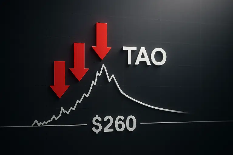 Dark background chart showing a white TAO price line rising to a peak then declining, three large red downward arrows pointing at the peak, and a bold “$260” support level label beneath the TAO title.