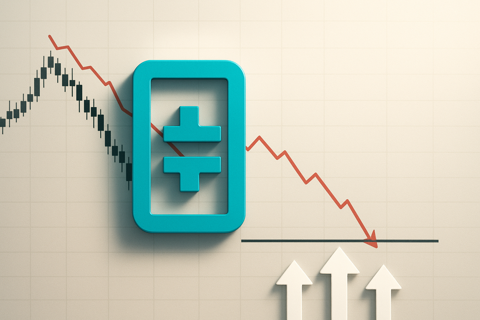 A turquoise Theta Network logo superimposed on a candlestick price chart with a red downward trend line reaching a horizontal support level, while three white arrows rise from below.
