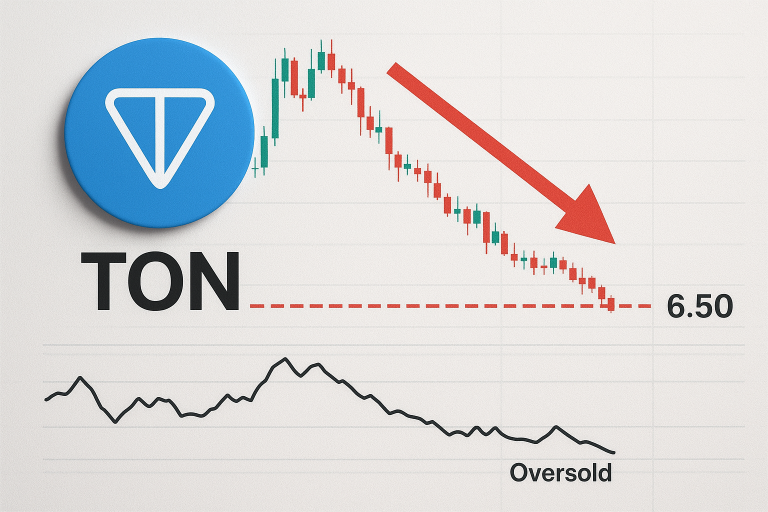 Toncoin logo next to a falling candlestick chart touching a dashed support line at 6.50, accompanied by a large red downward arrow and a declining RSI line labeled “Oversold.”