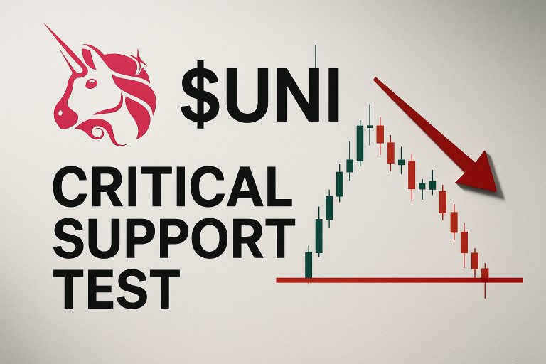 Uniswap unicorn logo and “$UNI” label with the words “CRITICAL SUPPORT TEST,” alongside a candlestick chart showing a price rally followed by a steep decline back to a red horizontal support line, highlighted by a large red downward arrow.