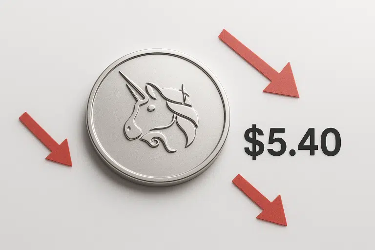 Silver Uniswap token with embossed unicorn logo, red downward arrows pointing towards a $5.40 price, illustrating critical support being tested amid mounting regulatory headwinds.