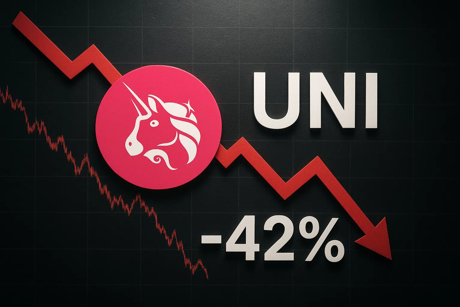 Uniswap pink unicorn logo on a dark price chart background with a steep red arrow pointing downward and “-42%”, illustrating the token’s sharp monthly plunge and critical support being tested