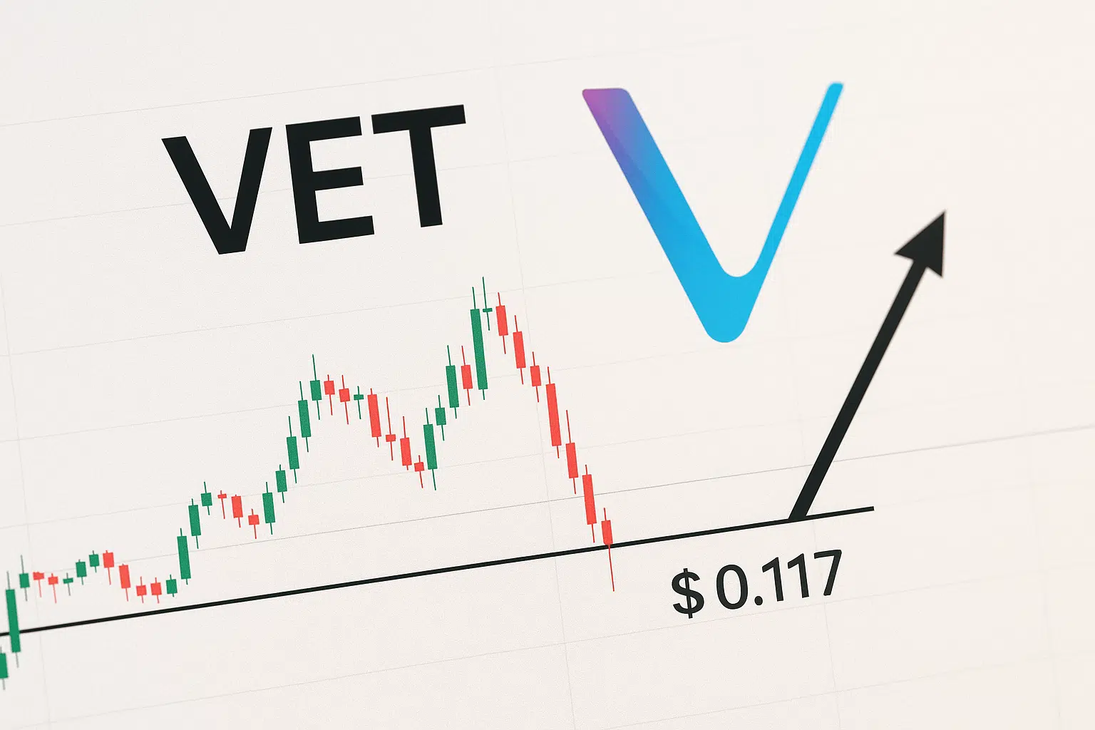 VeChain (VET) candlestick chart testing critical $0.0117 support level, with the VeChain logo and a bold upward arrow indicating a potential rebound.