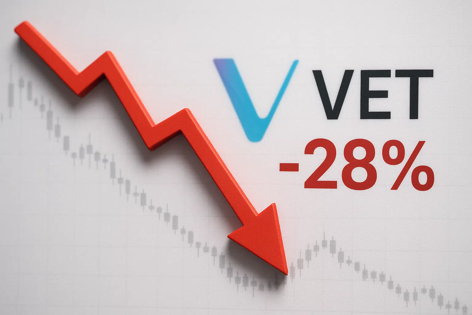 Red zigzag arrow sloping downward over a faded candlestick chart, alongside the VeChain logo and “-28%” text.