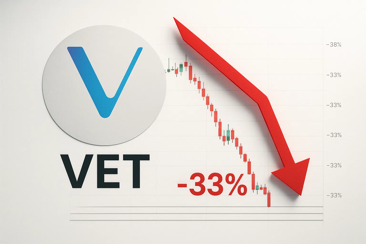 VeChain VET logo next to a plunging candlestick chart overlaid with a large red downward arrow and “-33%” text.