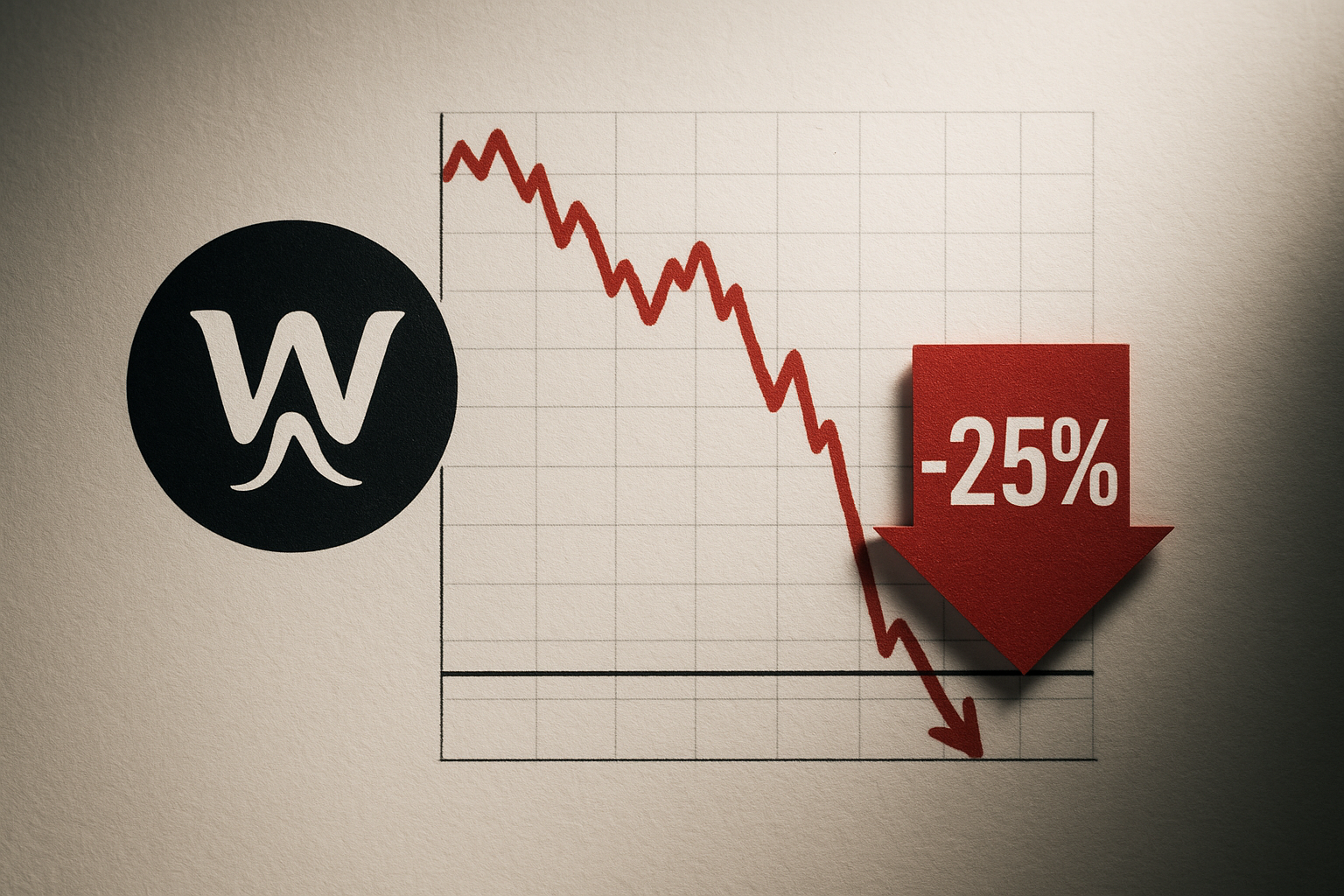 Walrus logo beside a grid chart with a jagged red line plunging sharply downward and a bold red arrow labeled “-25%” indicating a steep monthly decline.