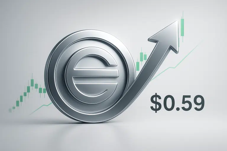 Silver metallic Worldcoin symbol with an upward arrow and green candlestick chart in the background, displaying the price $0.59