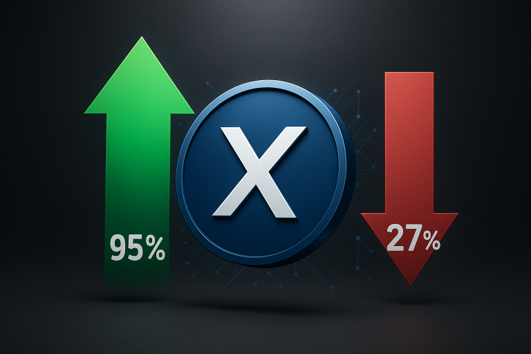 Centered blue XDC token flanked by a green upward arrow labeled “95%” on the left and a red downward arrow labeled “27%” on the right against a dark background with circuit‐like patterns.