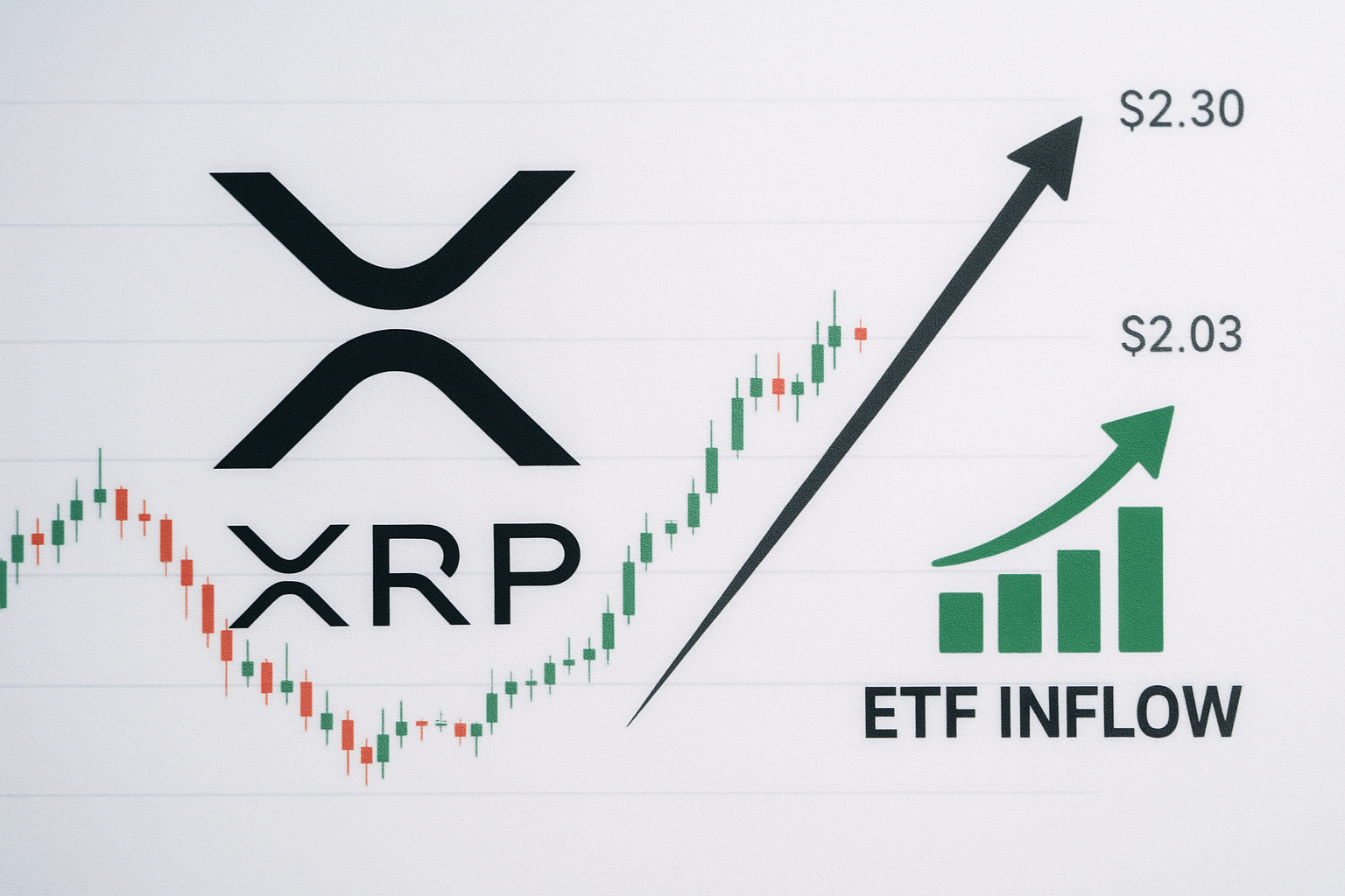 XRP logo overlaid on a candlestick chart consolidating at $2.03, with upward arrows and a rising bar graph labeled “ETF Inflow” pointing toward $2.30 resistance.