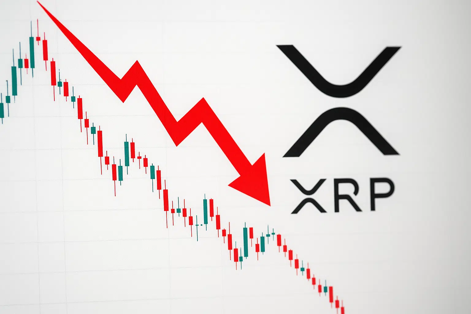 Red jagged arrow pointing down over a plummeting candlestick chart beside the XRP logo, reflecting XRP crashing through support.