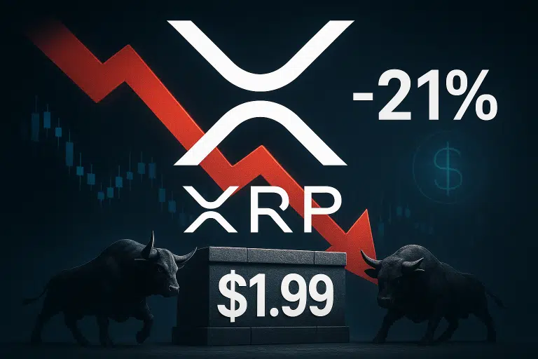 Stylized XRP logo over a red downward arrow and “-21%” label, with two bull statues flanking a stone block marked “$1.99” representing critical support.