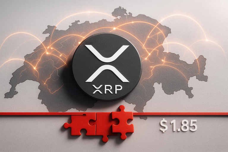 Black XRP token over a shaded map of Switzerland with glowing network connections, red puzzle pieces beneath it and a “$1.85” price label.
