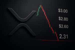 Dark-themed graphic with the XRP logo alongside a red and green candlestick chart plunging from $3.00 down to a critical $2.31 support line.