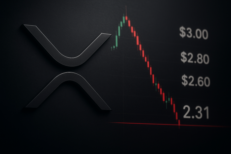 Dark-themed graphic with the XRP logo alongside a red and green candlestick chart plunging from $3.00 down to a critical $2.31 support line.