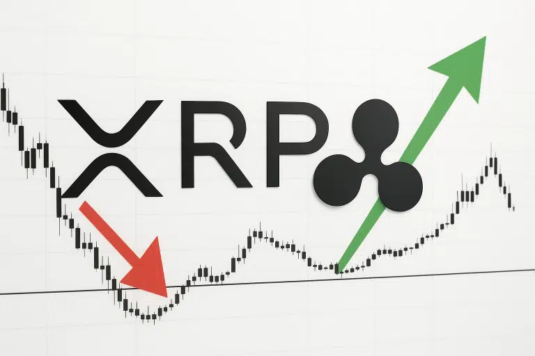 Candlestick chart under large “XRP” text and ripple logo, with a red arrow pointing down to a horizontal support line near $2 and a green arrow pointing up to indicate a bullish rebound.