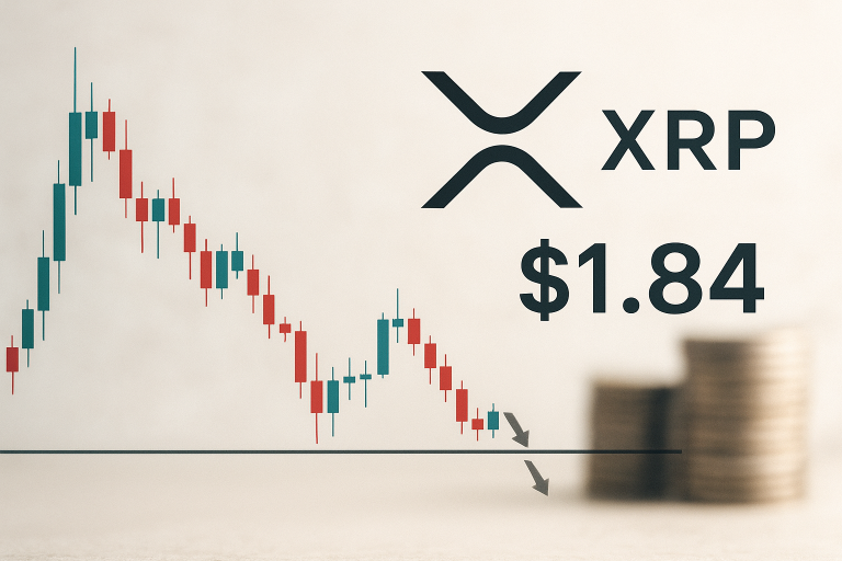 Candlestick chart of XRP’s declining price approaching a horizontal support line at $1.84, with XRP logo and price displayed beside blurred stacks of coins and downward arrows indicating a potential break.