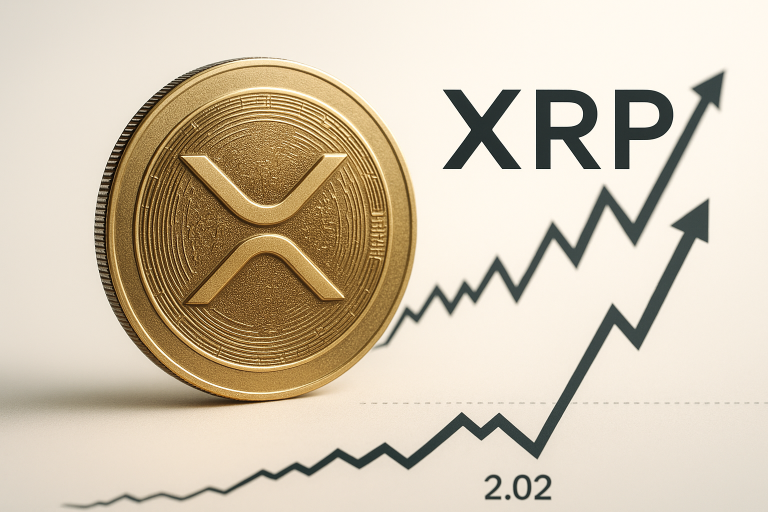 A gold coin embossed with the XRP logo beside a jagged price chart marked at $2.02, rising arrows, and the label “XRP” indicating surging inflows.