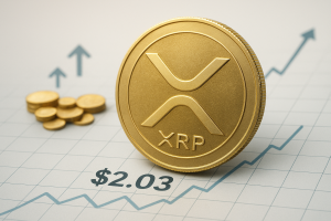 Large gold XRP coin on a grid chart displaying $2.03 and an ascending price line, with stacked coins and upward-pointing arrows in the background