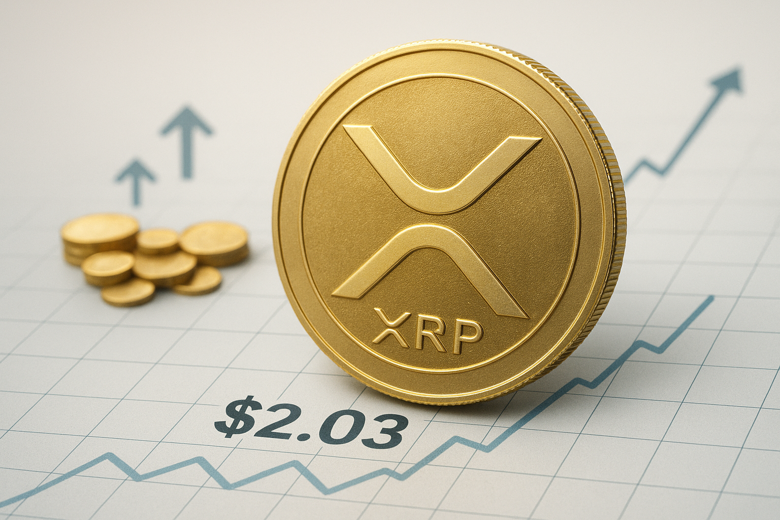 Large gold XRP coin on a grid chart displaying $2.03 and an ascending price line, with stacked coins and upward-pointing arrows in the background