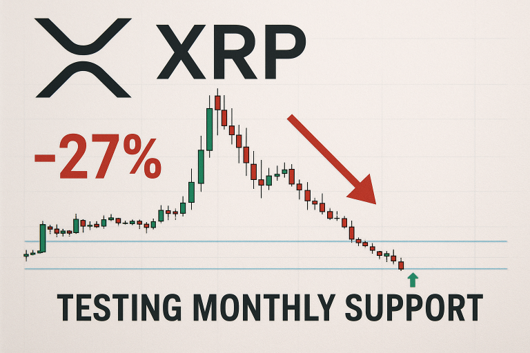 XRP logo above a candlestick chart showing a steep decline, marked “–27%” in red and a large red downward arrow, with price testing a horizontal support line highlighted by a small green arrow and the words “Testing Monthly Support” below.