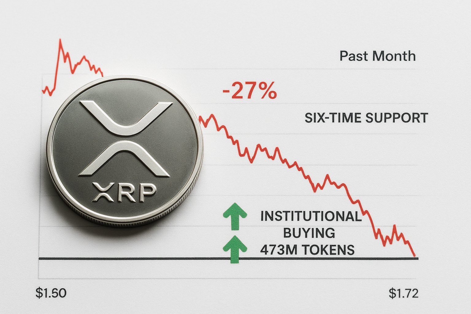 Silver XRP coin atop a price chart showing a 27% decline over the past month from $1.50 to $1.72, with annotations marking six-time support at $1.72 and green arrows highlighting institutional buying of 473 M tokens.
